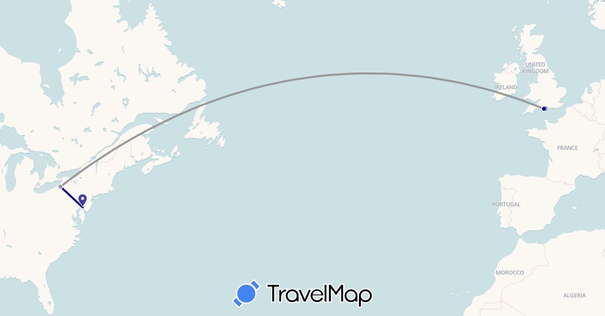 TravelMap itinerary: driving, plane in United Kingdom, United States (Europe, North America)